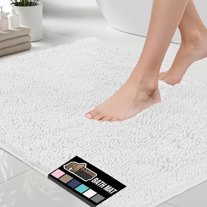 GORILLA GRIP Bath Rug Mat 60x24, Thick Soft Absorbent Chenille, Quick Dry Microfiber Mats, Rubber Backing Washable Shower Floor Rugs, Bathmat Runner, US Designed Bathroom Home Decor Accessories White