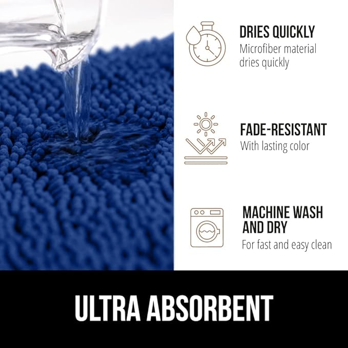 GORILLA GRIP Bath Rug Mat 44x26, Soft Absorbent Chenille, Quick Dry Microfiber Mats, Rubber Backing Washable Shower Floor Rugs, Bathmat Runner, US Designed Bathroom Home Decor Accessories Royal Blue