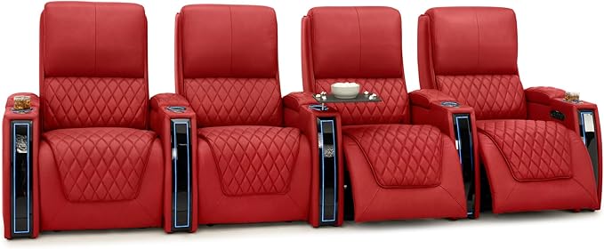 Seatcraft Apex Zero-Gravity CoolZero Italian Leather Home Theater Seating, Powered Headrest, Powered Lumbar, Powered Recline, Row of 4, Red