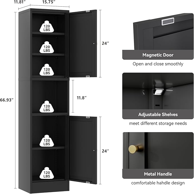 2-Door Metal Storage Cabinet, Tall Slim Pantry Organizer with 3 Adjustable Shelves (120LBS/Shelf), Anti-Tipping Waterproof Cabinet for Bathroom/Kitchen/Home Office/Small Spaces, (1PC,Black)