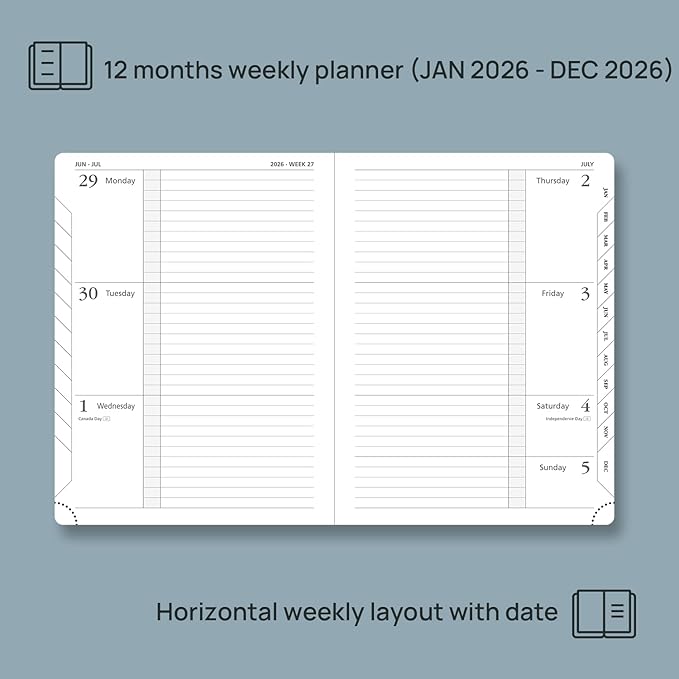 POPRUN 2026 Weekly & Monthly Planner Calendar, 6.75" x 8.75" Medium, Horizontal Layout with Lined Sections, Jan. 2026 - Dec. 2026, Leather Hardcover, 100GSM Paper, Inner Pocket - Black