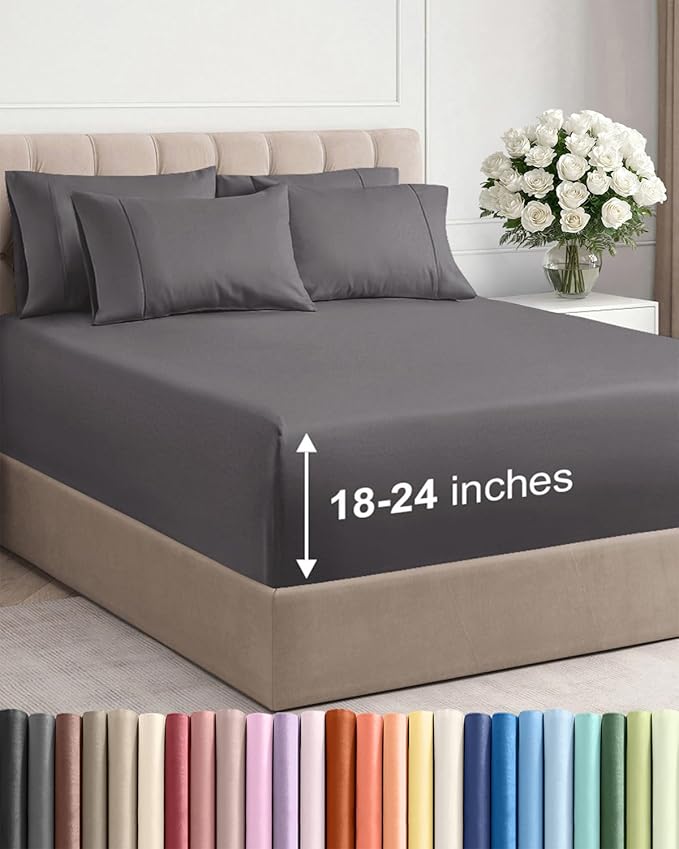 Extra Deep Full Sheet Set - 6 Piece Breathable and Cooling Sheets - Hotel Luxury Bed Sheets Set - Easy & Secure Fit - Soft, Wrinkle Free and Comfy Sheets Set - Grey Sheet Set with Extra Deep Pockets