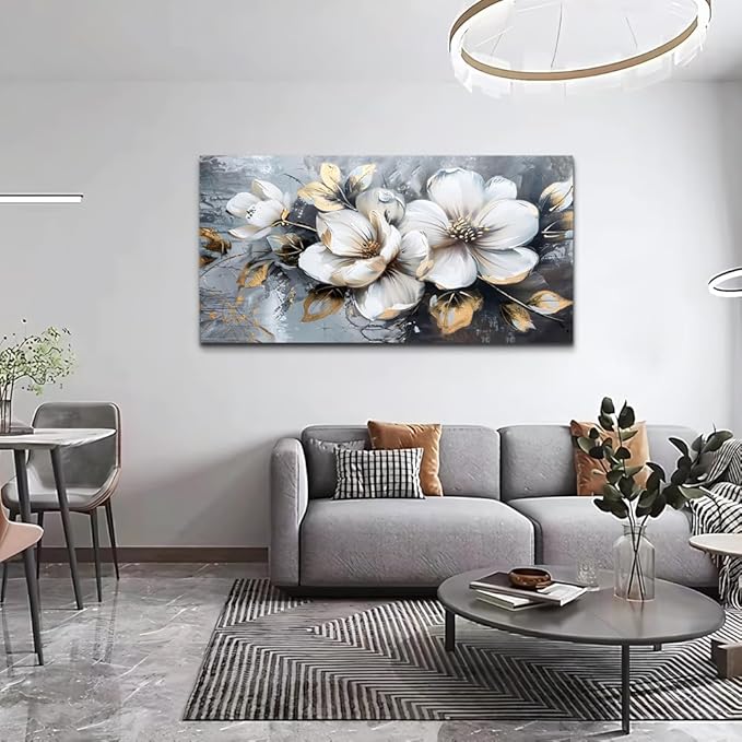 KELIYUAN Large Canvas Wall Art For Bedroom Wall Decor For Living Room Office Decorations Abstract White Flowers Paintings Pictures Artwork Modern Framed Posters Home Decor Ready To Hang 24"x48"
