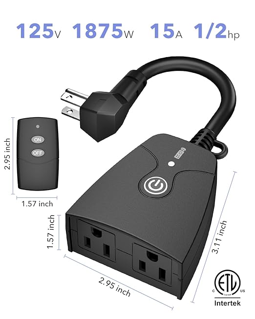 HBN Outdoor Wireless Remote Control Outlet Plug,Weatherproof Heavy Duty Power Strip,Indoor Electrical Plugs for Light Switch,6-inch Cord,100ft Range, ETL Listed(15A,Dual 3-Prong Outlets)