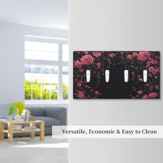 Light Switch Covers Dark Background Red Rose Leaf Quad Toggle Electrical Faceplate 4 Gang Wall Plate Decorative Switch Plates for Bedroom living Room Decor