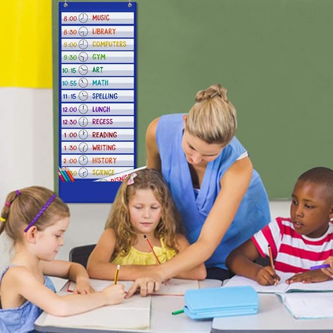 Godery Scheduling Pocket Chart, 13+1 Pockert, Daily Class Schedule Pocket Chart with 18 Dry-Eraser Cards, Ideal for Classroom Office School Home Used, Over-door Mount (Blue)