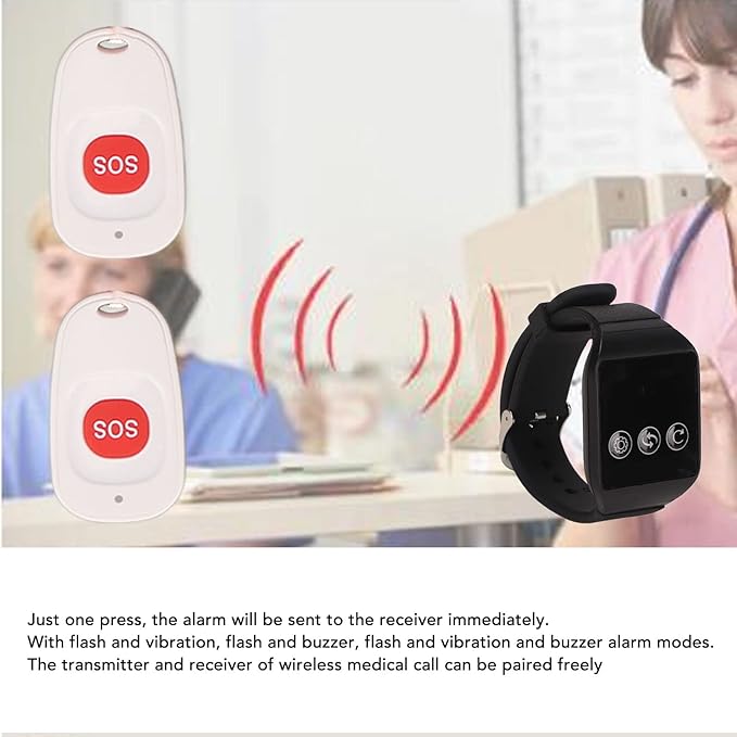 Caregiver Pager, Wireless Nurse Alert System, SOS One Touch Call IPX7 Water Proof Stable Signal 100 Meter Range for Elderly Patient Home Safety