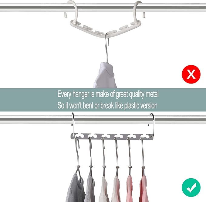 Meetu Space Saving Multifunctional Clothes Hangers - Stainless Steel 6X2 Slots Magic Cascading Hanger - Updated Hook Design Closet Organizer (Pack of 10)