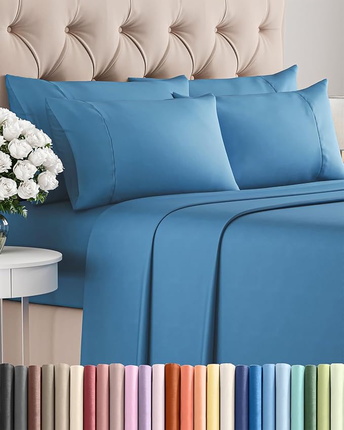 Cal King 6 Piece Sheet Set - Cooling and Breathable Bed Sheets - Hotel Luxury Bed Sheets for Women, Men, Kids and Teens - Deep Pockets - Easy Fit - Soft and Wrinkle Free - Cal King Denim Blue Sheets