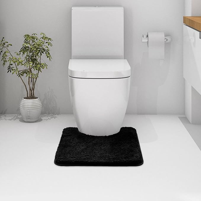 MIULEE Microfiber Toilet Bath Mat U-Shaped Contour Shaggy Bathroom Rugs Non Slip Extra Thick Soft Bath Rug Absorbent Water for Bathroom Commode Machine Washable(20x24 Inch, Black)