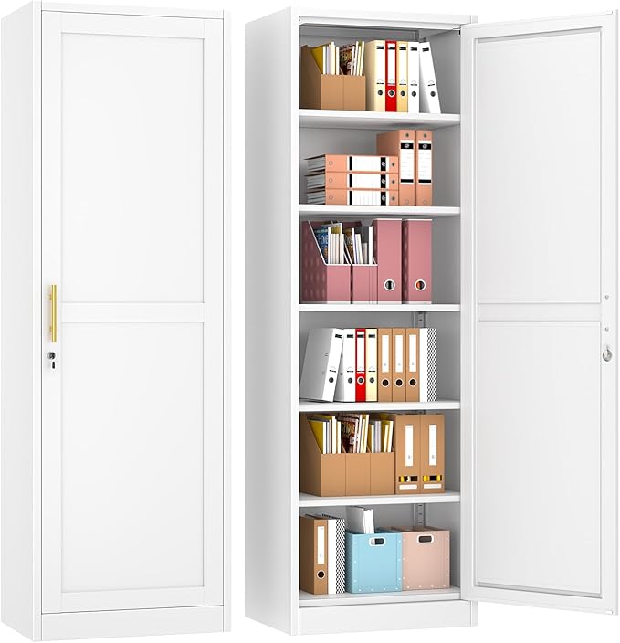 67" Metal Storage Cabinet with Lock, Tall Narrow Office File Cabinets with 5 Adjustable Shelves, Metal Steel Locker for Home, School, Office, Garage or Gym (White)