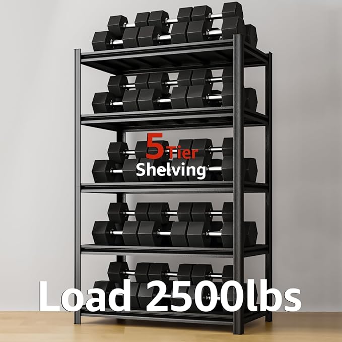 36" W Father&I 5-Shelf-Rack Industrial Heavy-Dudy Adjustable Metal Garage Bin Storage Shelving Stant Shelves Units/Systems Organizer for Basement/Closet/Tote/Pantry, 72" H*36W *16" D, Black