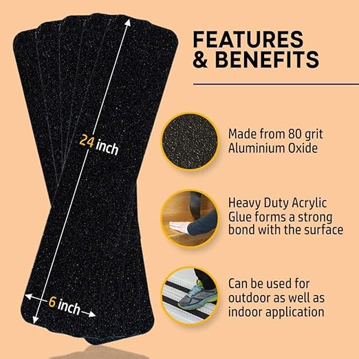 Anti Slip Tape 6” X 24” (15-Pack) - Stair Treads for Stairs, Grip Tape for Indoor and Outdoor, Non Skid Tread for Wooden Steps, Concrete Steps, Etc. (Works on All Surfaces & Weather)
