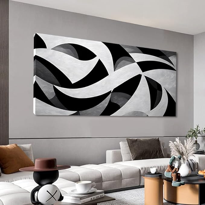 White and Black Abstract Cube Wall Art for Living Room Office Modern Pattern Grey Painting Prints Cool Canvas Artwork Over The Couch Bedroom Decor Extra Large