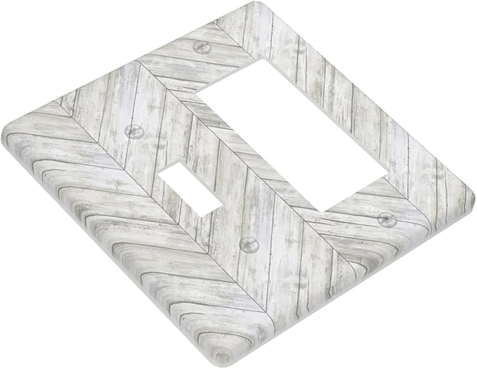 Rustic White Gray Herringbone Wood 2 Gang Single Toggle Rocker Combination Light Switch Cover Vintage Country Decorative Wall Plate Cover Electrical Faceplate Switchplate for Farmhouse Bedroom Decor