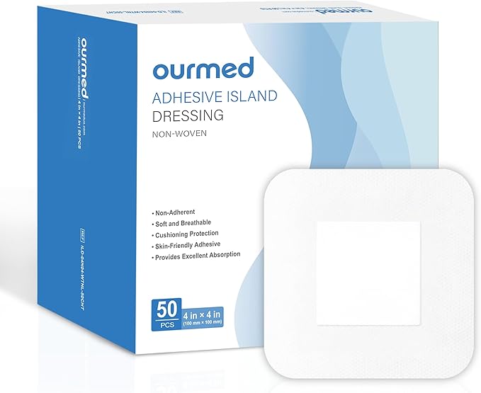 Island Dressing Bordered Gauze 4"x 4"(2"x 2" Absorbent Pad), Pack of 50, Self-Adhesive Sterile Dressing with Highly Absorbent, Latex& Rubber- Free, for Cuts and Scratches