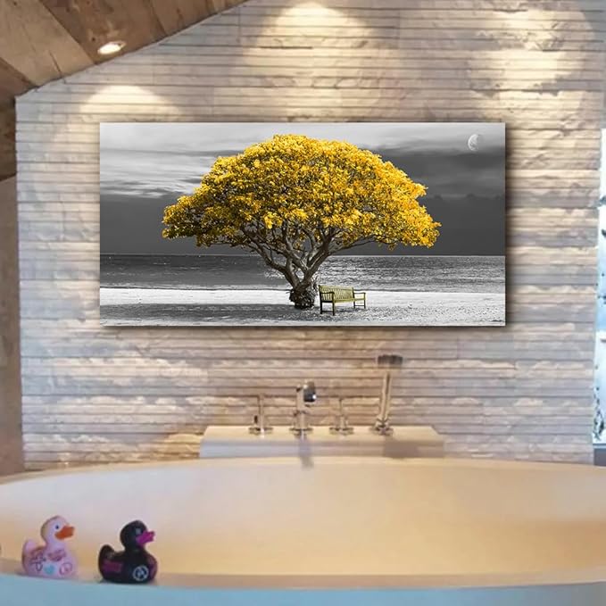 Wall Art For Living Room Decorations Photo Prints - Panoramic Black And White With Yellow Trees The Moon Scenery - Modern Home Decor The Room Stretched And Framed Ready To Hang Artwork 24x48inches