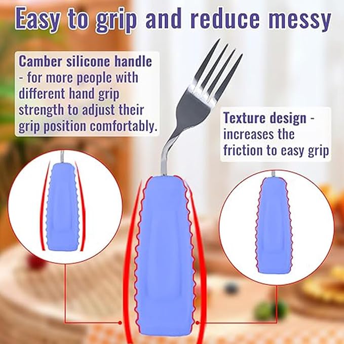 Adaptive Utensils,Parkinson’s Spoon, Handicap Aid, Angled Silverware Spoon and Fork Set for Elderly, Arthritis, Dementia, Disable, Handicapped Hands(Left Hand,Pack of 2,Purple)