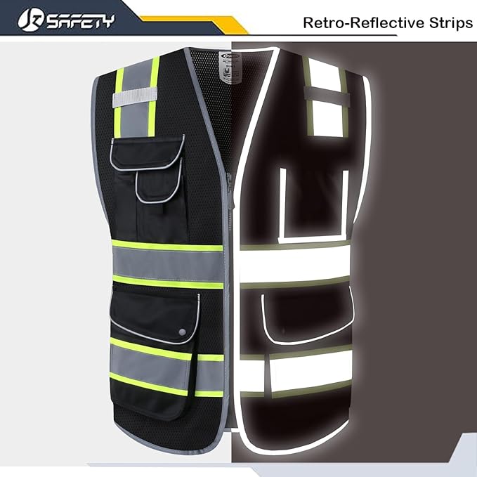 JKSafety 9 Pockets Hi-Vis Black Color Zipper Front MESH Safety Vest with Fluorescent Yellow Extend Edge outlining the Reflective Tapes Meet ANSI/ISEA Class 1 Standard (100-Black, 5XL)