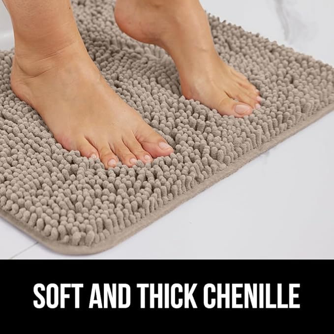 GORILLA GRIP Plush Absorbent Shaggy Chenille Bath Rug Mat for Square Toilet Base with Rubber Backing, Machine Washable Rugs, Soft Microfiber Contour Mats for Toilets, Bathroom Decor, Gray Beige