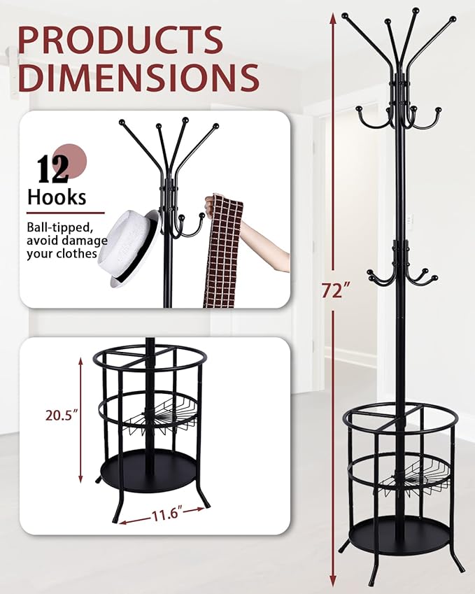 Metal Coat Rack Freestanding Coat Rack with Umbrella Stand, Black Coat Tree with 12 Hooks for Clothes Hats Bags, Modern Coat Hanger Stand for Entryway Living Room Bedroom Office Use