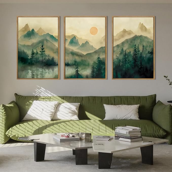 IARTTOP Large Forest Green Wall Art Framed 24x36 Inch Foggy Mountain Landscape Canvas Art Prints Nature Landscape Wall Decor for Living Room Bedroom Office Set of 3
