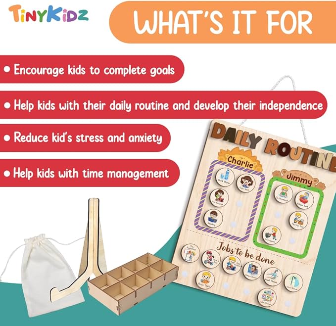 Wooden Chore Chart for Kids Multiple Kids 13.5"x16.5", Behavior Chore Chart for Kids at Home, Daily Routine for Kids, Daily Responsibilities for Toddlers