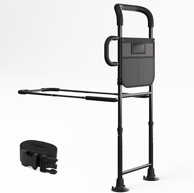 HOMEAL Bed Rails for Elderly Adults Safety - Adjustable Bedside Assist Rails for Seniors with Non-Slip Ergonomic Handle & Fixing Strap, 350 Tested,Fits Twin, Full, Queen, King Bed(Black,Without Light)