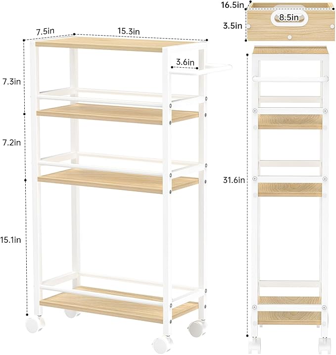 Slim Storage Cart, 4 Tier Rolling Cart with Handle, Kitchen Cart on Wheels, Metal Frame Narrow Cart for Small Spaces for Dining Room, Bathroom, Laundry Room, Office White