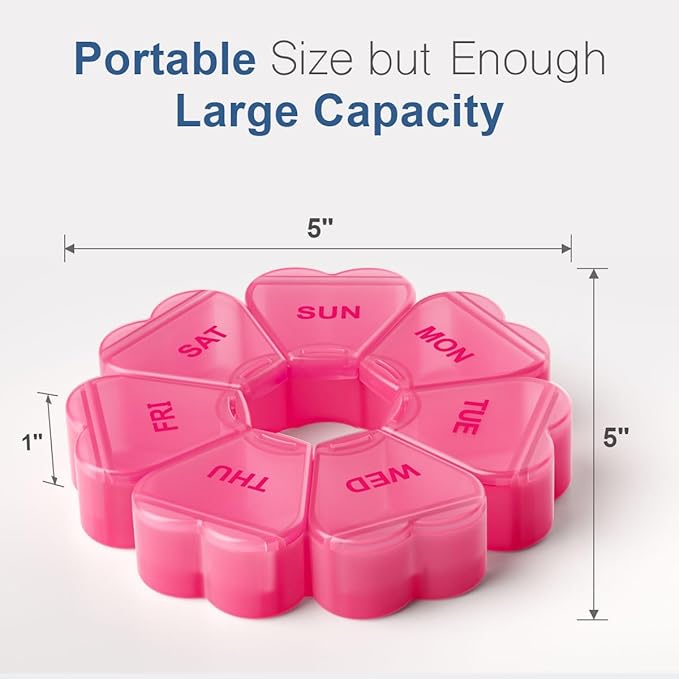 Large Weekly Pill Organizer, Pill Box 7 Day, KAPENS Daily Vitamin Case Large Capacity Compartments, Pill Containers for Fish Oil Medicine Supplements, Red