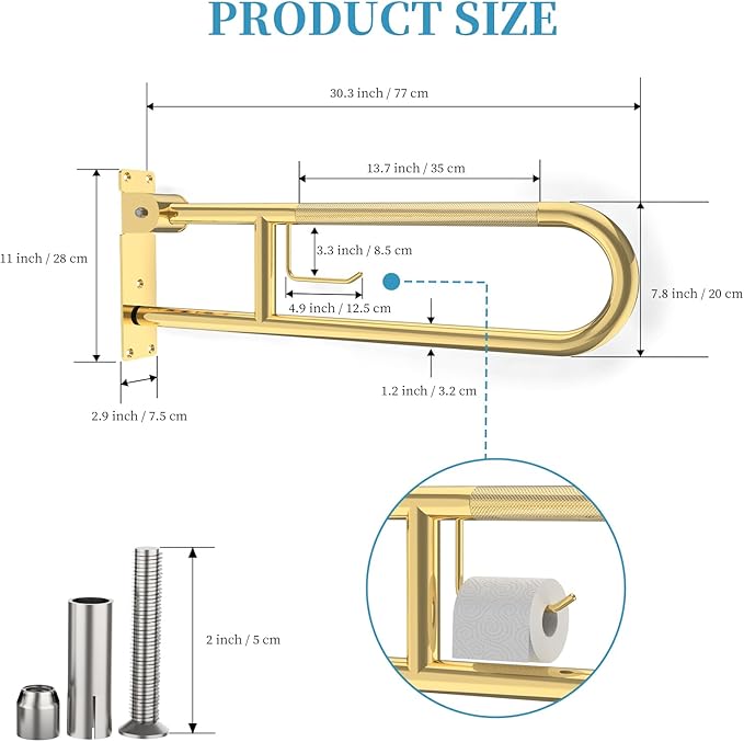 Toilet Grab Bar 30.3 Inch Gold, Munzong Anti-Slip Handicap Grab Bars with Paper Holder, Flip-Up Bathroom Safety Rails, Stainless Steel Knurled Support handrails for Seniors Elderly Disabled Pregnant