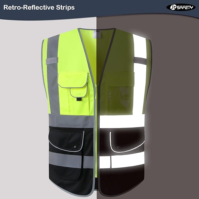JKSafety 9 Pockets High Visible Reflective Safety Vest Zipper Front Breathable Lining, Yellow-Black Meets ANSI/ISEA Standards(150-Yellow-Black L