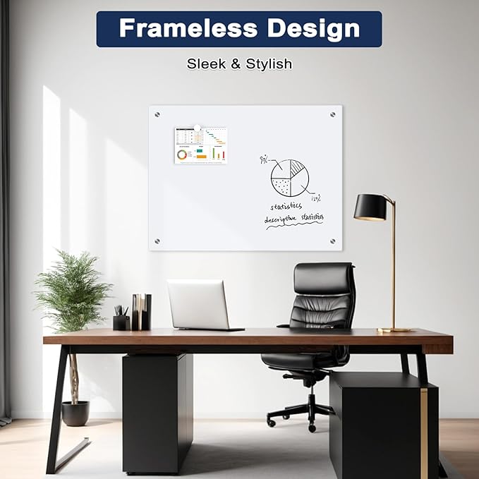 Magnetic Glass Whiteboard, 8' x 4' Glass Dry Erase Board for Wall, 96" x 48" Large Frameless White Board with 1 Marker Tray and 10 Magnets for Office, Home, Classroom - Ultra White