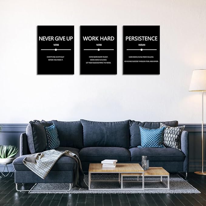 Unbruvo Inspirational Canvas Wall Art, Motivational Office Wall Decor, 3 Pieces Black Never Give Up Positive Quotes Wall Art for Workplace Living Room Bedroom(48''Wx 24''H)