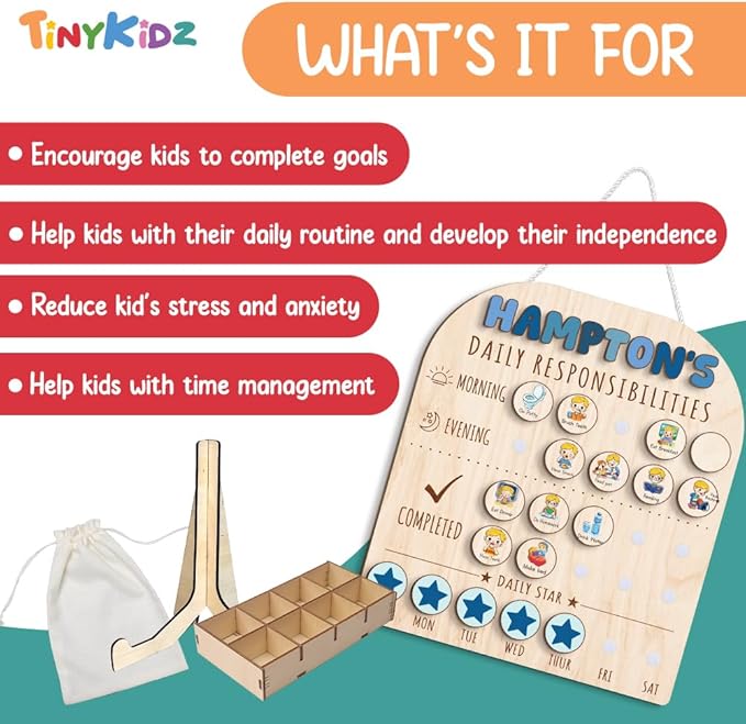 Personalized Wooden Chore Chart for Kids 15x17", Visual Schedule, Routine Chart for Kids, Morning Bedtime Routine Chart for Toddlers Ages 2-4, Daily Kids Schedule Board for Home (12)