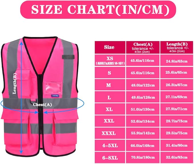 A-SAFETY Pink Safety Vest with Pockets Hi Viz Zipper Front Working Safety Vest with Reflective Strips, Multiple Colors Available,Large