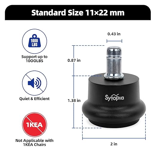 Sytopia Office Chair Bell Glides Replacement, Fixed Feet Wheel Stopper for Swivel Chairs and Stools, 7/16" x 7/8" Stem, Separate Self-Adhesive Felt Pads, Non-Slip Base, Quiet & Easy Install, 5 Pack