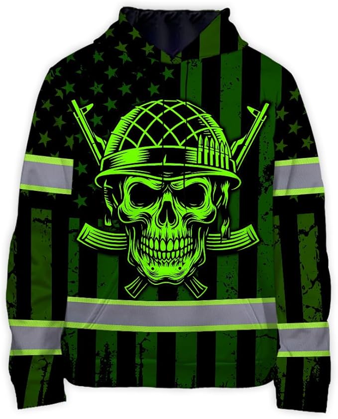Matedecor Skull US Flag Reflective High Visibility Hoodie For Men Construction Hi Vis Safety Workwear Custom Name