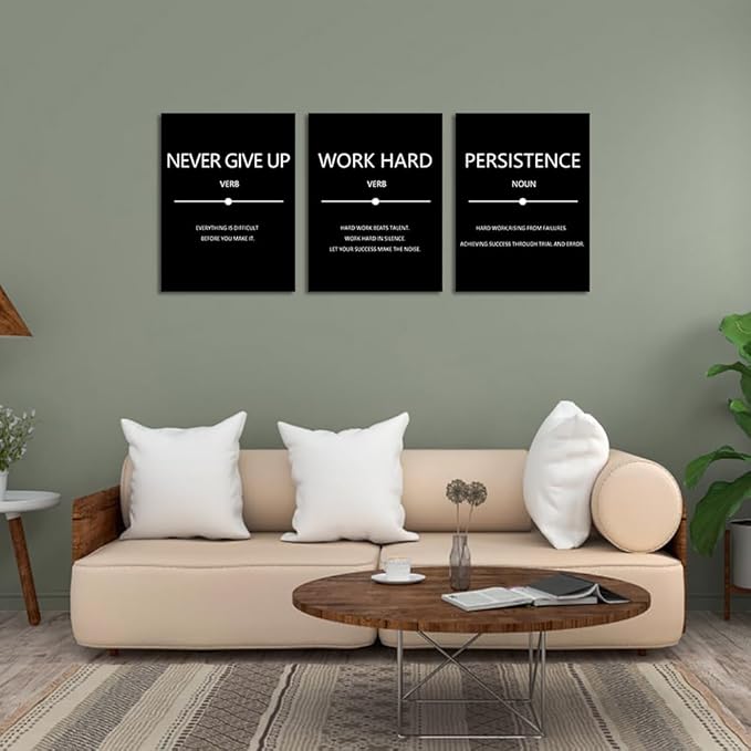 Unbruvo Inspirational Canvas Wall Art, Motivational Office Wall Decor, 3 Pieces Black Never Give Up Positive Quotes Wall Art for Workplace Living Room Bedroom(48''Wx 24''H)