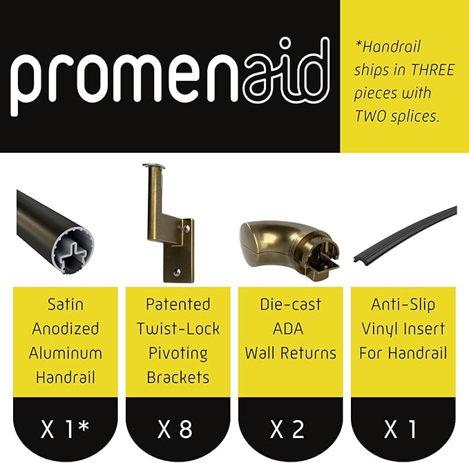 Promenaid 17ft ADA Handrail Kit - Architectural Bronze - Complete Indoor/Outdoor Handrail for Stairs - 1.6" Round Anodized Aluminum Railing with 8 Antique Brass Pivoting Brackets & ADA Wall Returns