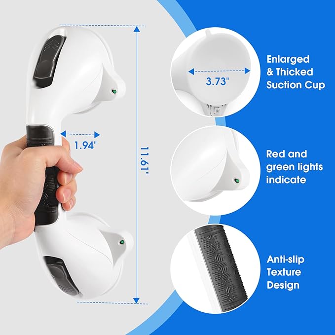 Suction Grab Bar with Safety Indicator for Bathtub Shower Bathroom, Heavy Duty Handrail Removable Reusable for Elderly disabled and Kids, Anti-Slip Grip, No Drilling Tool Free, Waterproof Black