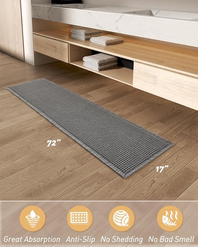 AMOAMI Upgraded Waffle Runner Rug Super Absorbent Non Slip Bath Mats for Bathroom Floor Machine Washable Bathroom Runner Rug with Tassels, Ideal for Hallway Bedroom Laundry Room, Dark Grey, 17" x 72"