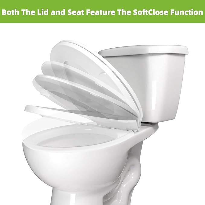 Toilet Seat Elongated with Slow Close Hinges Compatible with TOTO/Kohler/Gerber/American Standard, Universal Oval Fit, Four Bumpers Never Loosen, Two Sets Toilet Bolts and Nuts, Cotton White