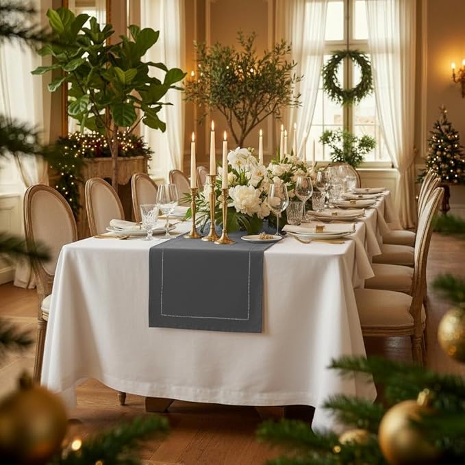 D'Moksha Homes Linen Charcoal Grey Table Runner 84 Inches Long - 100% Pure Linen Table Runner 14 x 84 Inch for Spring, Easter - Classic Hemstitch