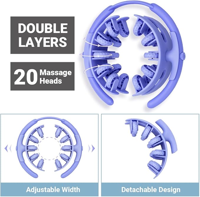 Adjustable Massage Roller, 360° Wraparound Manual Body Roller, 20 Textured Nodes, Detachable, for Thighs, Calves, Legs & Arms, Blue