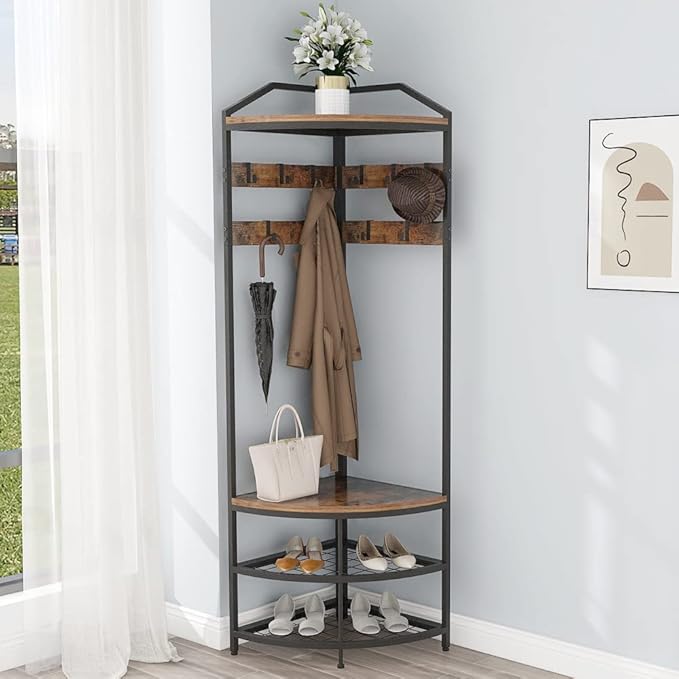 GiftGo Corner Hall Tree with Shoe Bench Entryway Coat Rack with 10 Metal Movable Hooks Floor Standing Clothes Rack Shoes Shelf Organizer for Home Office Bedroom (Rustic Brown)