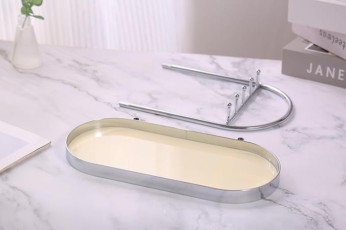 Shinpuru Metal Jewelry Organizer Stand & Key Holder Tray with Acrylic Base, Key Stand and Jewelry Tray with 5 Hooks, Perfect Key Bowl, Valet Key Tray, Ring Holder, Jewelry Dish (Silver Creamy)