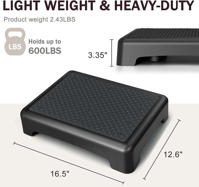 GWNF3.35'' Short Step Stool – 600lb Capacity Ultra-Sturdy Structure & Lightweight Step Stools for Seniors, Kids & Adult | Non-Slip Wide Platform | Mobility Step Stool for Indoor & Outdoor（Black-Black）