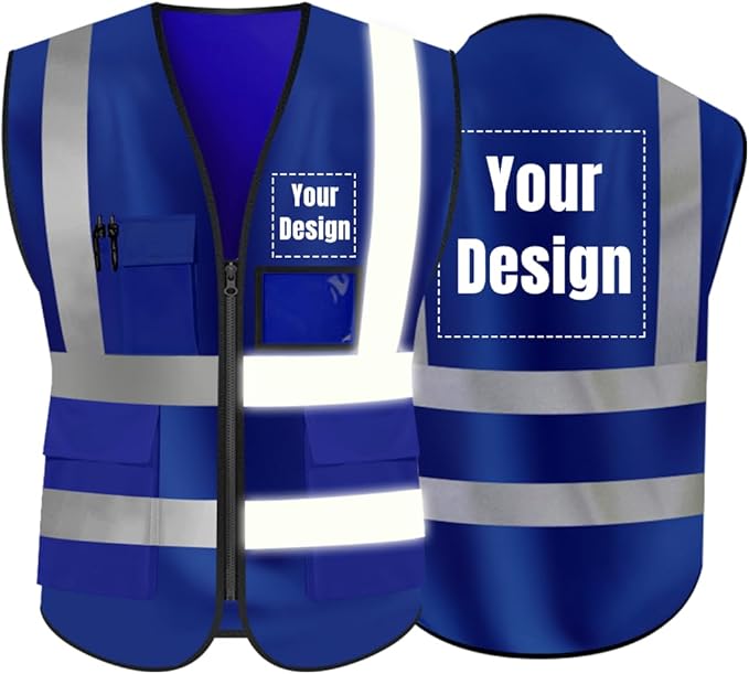 YOWESHOP High Visibility Safety Vest Custom Your Logo Protective Workwear 5 Pockets With Reflective Strips Outdoor Work Vest (Navy Blue (L))