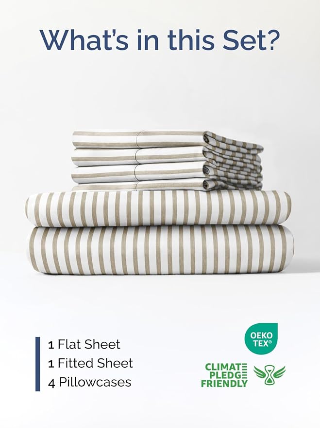 Extra Deep Queen Sheet Set - 6 Piece Breathable and Cooling Sheets - Hotel Luxury Bed Sheets Set - Easy Fit - Soft, Wrinkle Free and Comfy Sheets Set - Beige Striped Sheet Set with Extra Deep Pockets
